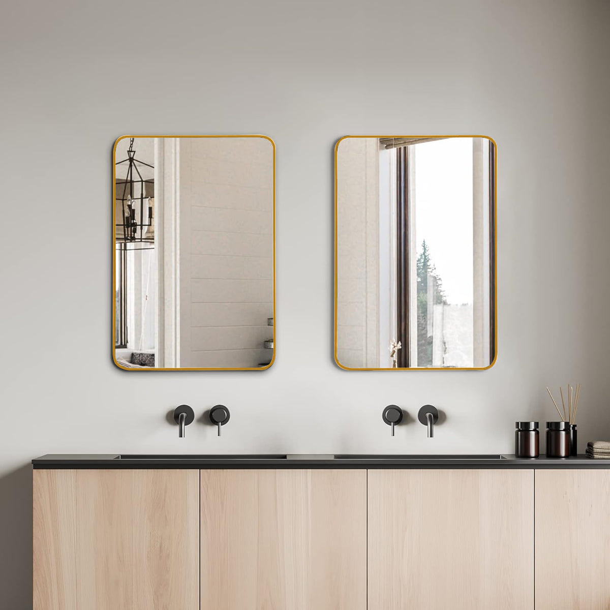 Gold metal frame bathroom mirror, rectangular 24x32 inches, wall-mounted, from Anthony & Home's exclusive collection.