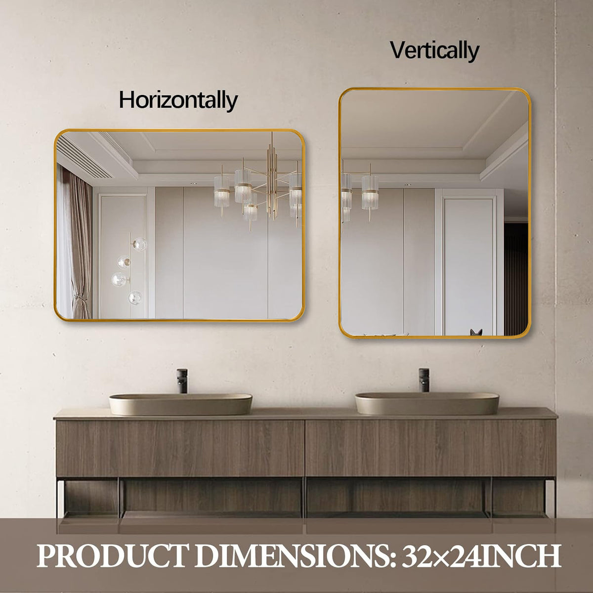 Rectangular gold metal frame bathroom mirror, 24x32 inches, wall-mounted, from Anthony & Home's exclusive collection