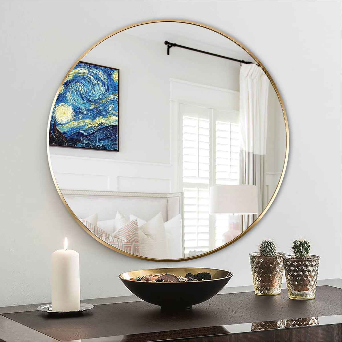 Round 24-inch gold metal bathroom mirror with sleek frame, designed for modern bathroom decor by Anthony & Home.