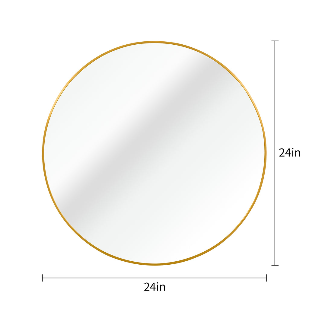 Gold metal frame round bathroom mirror, 24-inch diameter, stylish and modern design for bathroom or studio decor.