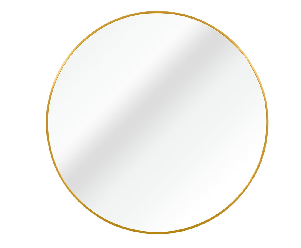 Round 24-inch gold metal frame bathroom mirror by Anthony & Home, hanging on a wall with a sleek, modern design.
