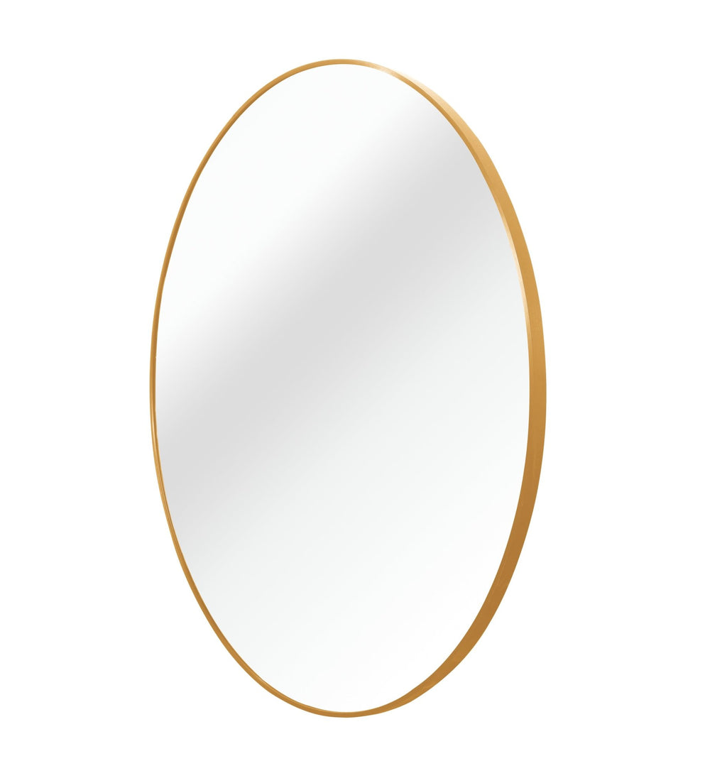 Round 24-inch gold metal frame bathroom mirror by Anthony & Home, showing the stylish reflective surface and sleek design.