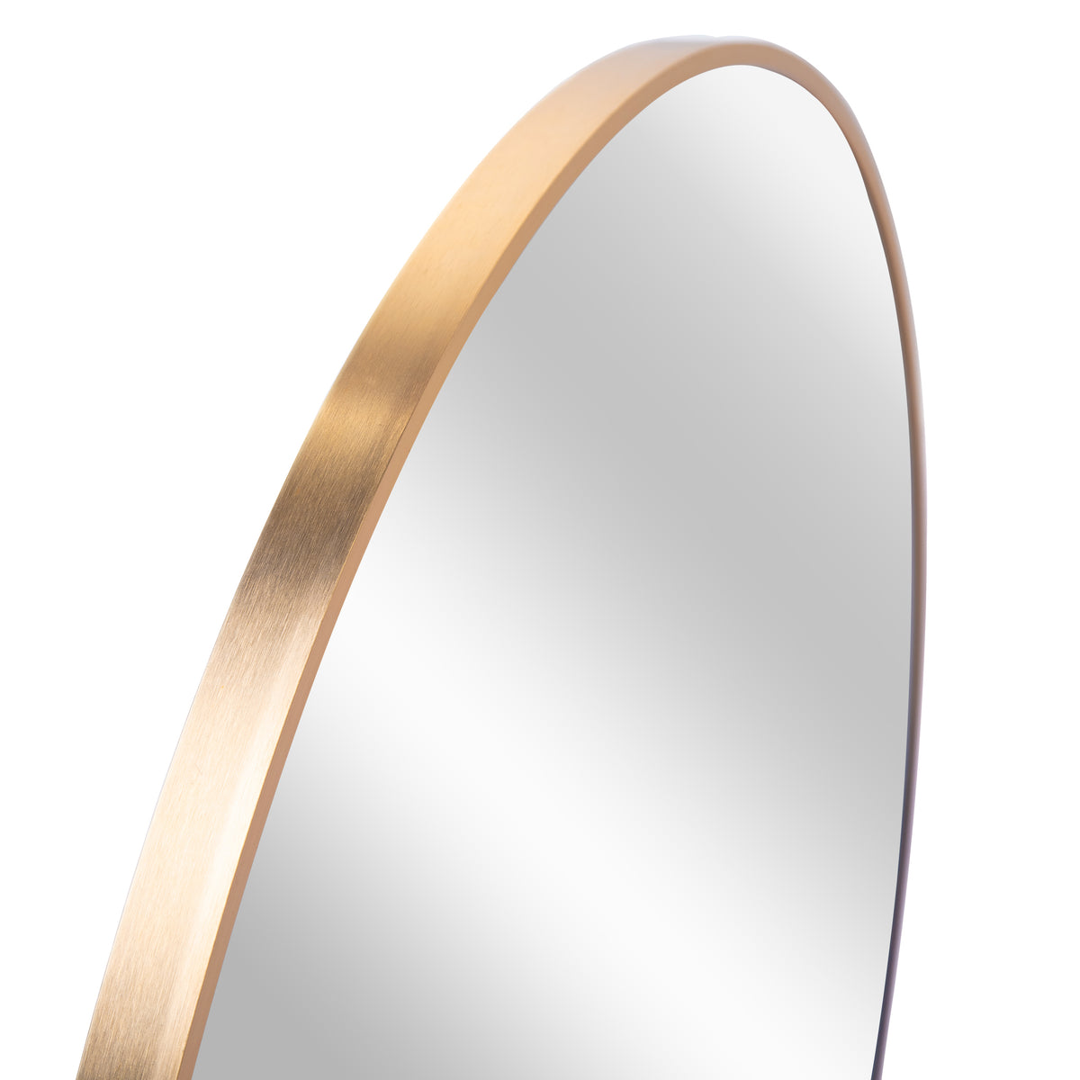 Gold metal frame round bathroom mirror, 24-inch diameter, stylish and modern design perfect for a contemporary bathroom.