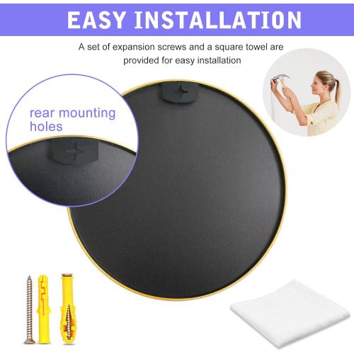 Gold metal framed 36-inch round bathroom mirror from Anthony & Home, hanging on a wall with a modern design.