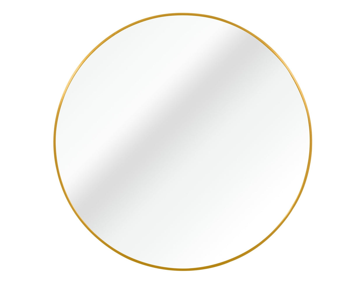 Gold metal framed 36-inch round bathroom mirror with sleek design, reflecting a modern bathroom space.