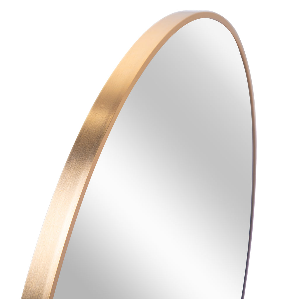 Gold metal framed 36-inch round bathroom mirror with sleek design and modern style, suitable for contemporary bathroom decor.