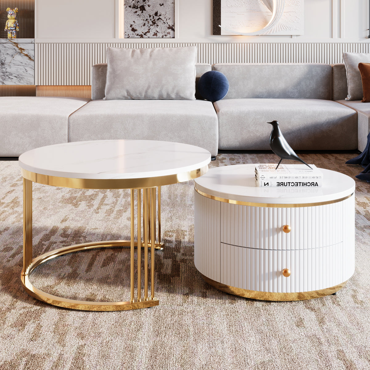 Set of two gold and white round nesting coffee tables with drawers by Anthony & Home, featuring sleek modern design.