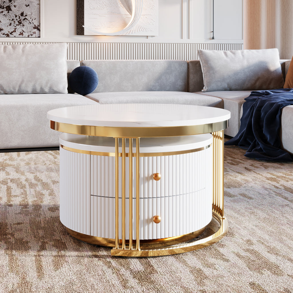 Set of gold and white round nesting coffee tables with drawers by Anthony & Home, featuring sleek modern design and functional storage.