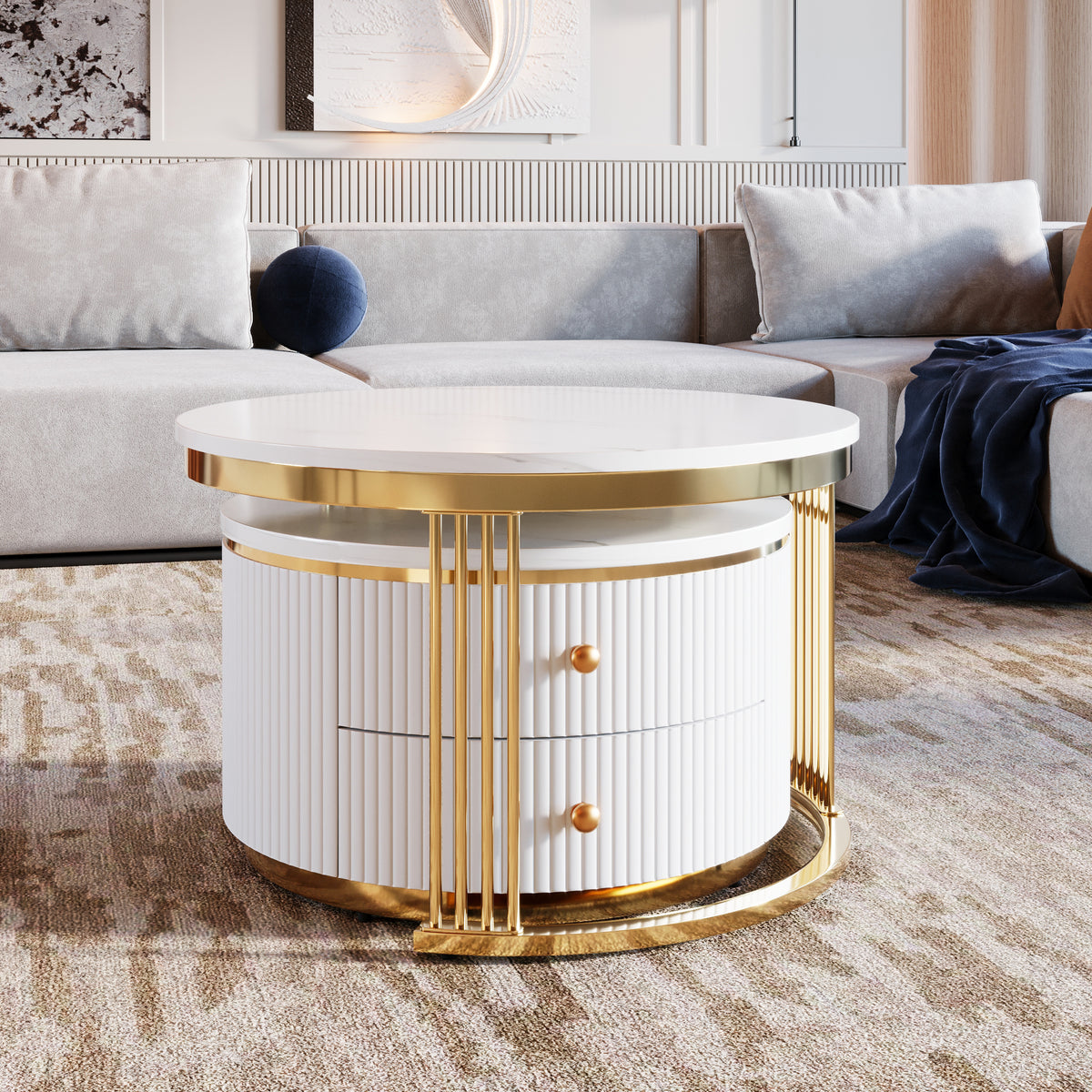Set of gold and white round nesting coffee tables with drawers by Anthony & Home, featuring sleek modern design and functional storage.
