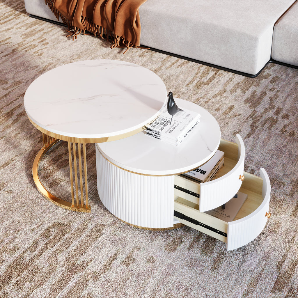 Set of two gold and white round nesting coffee tables with drawers by Anthony & Home, modern living room furniture.