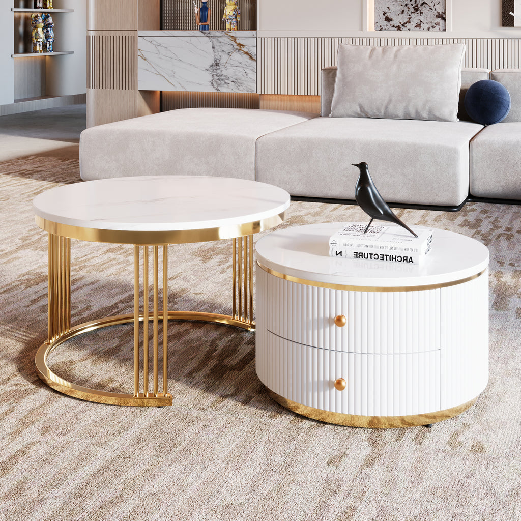 Pair of gold and white round nesting coffee tables with drawers by Anthony & Home, modern living room decor.