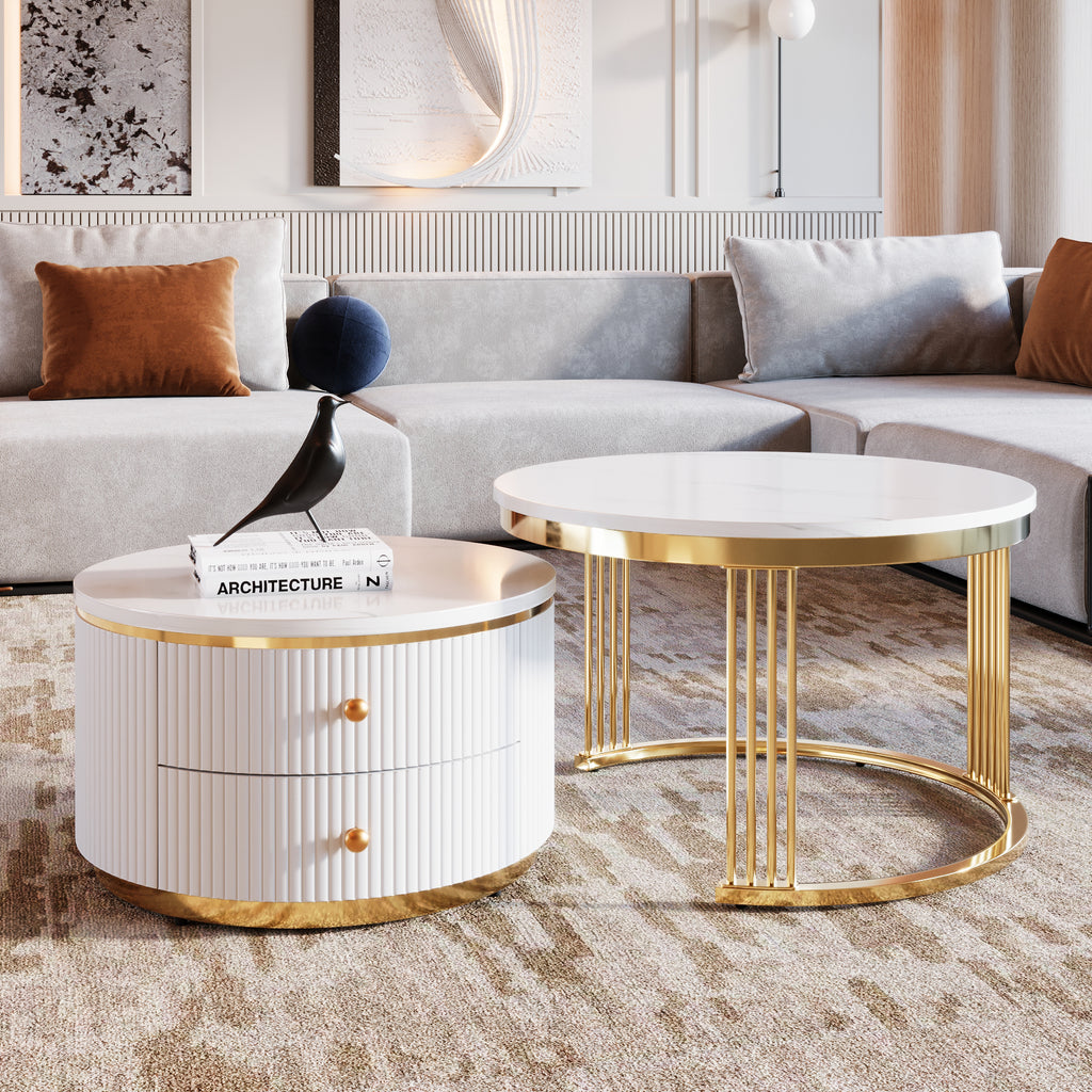 Pair of gold and white round nesting coffee tables with drawers from Anthony & Home, featuring sleek modern design and functional storage.