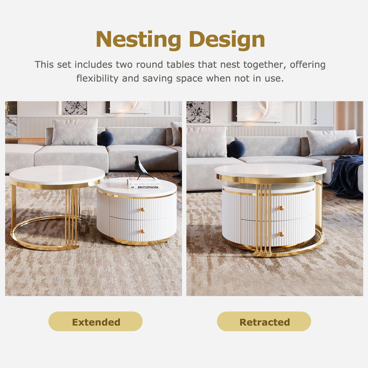 Set of gold and white round nesting coffee tables with drawers by Anthony & Home, featuring sleek modern design.