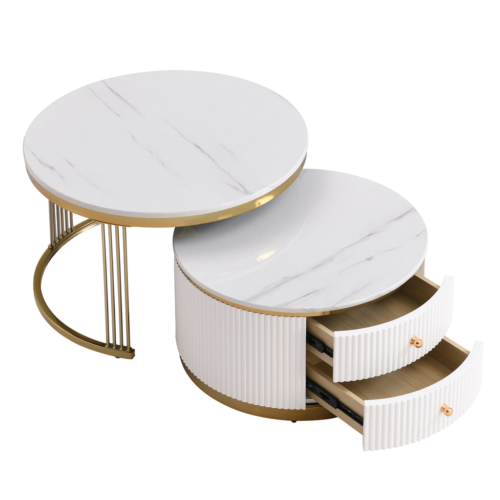 Gold and white round nesting coffee tables with drawers by Anthony & Home, showcasing sleek modern design and functional storage.