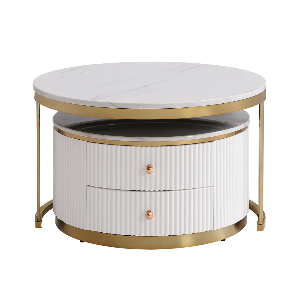 Set of gold and white round nesting coffee tables with built-in drawers from Anthony & Home, showcasing sleek modern design.