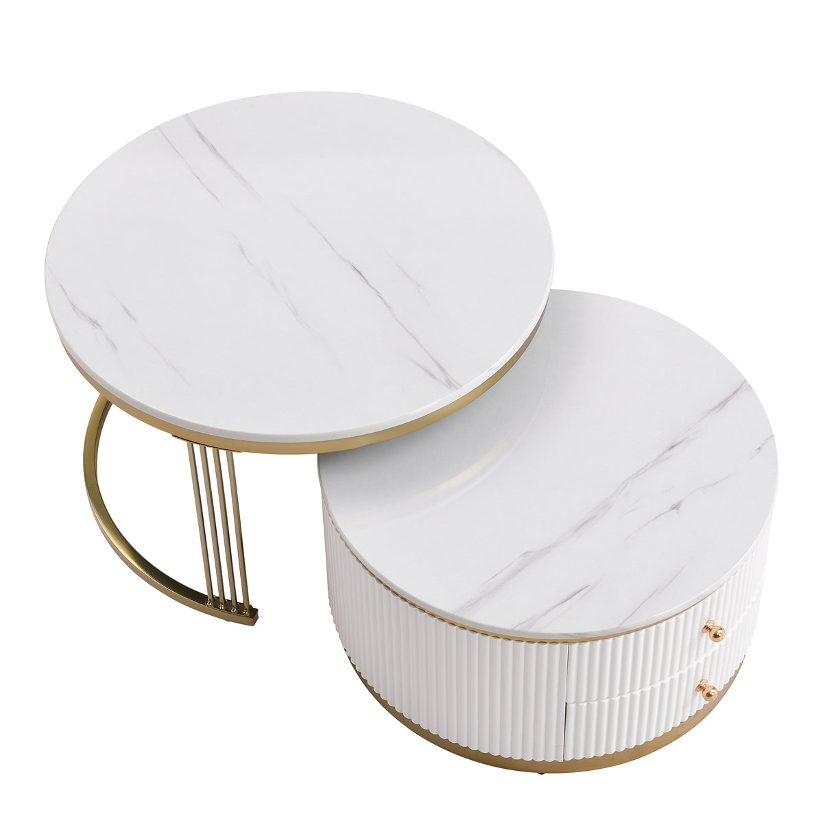 Pair of gold and white round nesting coffee tables with drawers by Anthony & Home, featuring sleek modern design and functional storage.