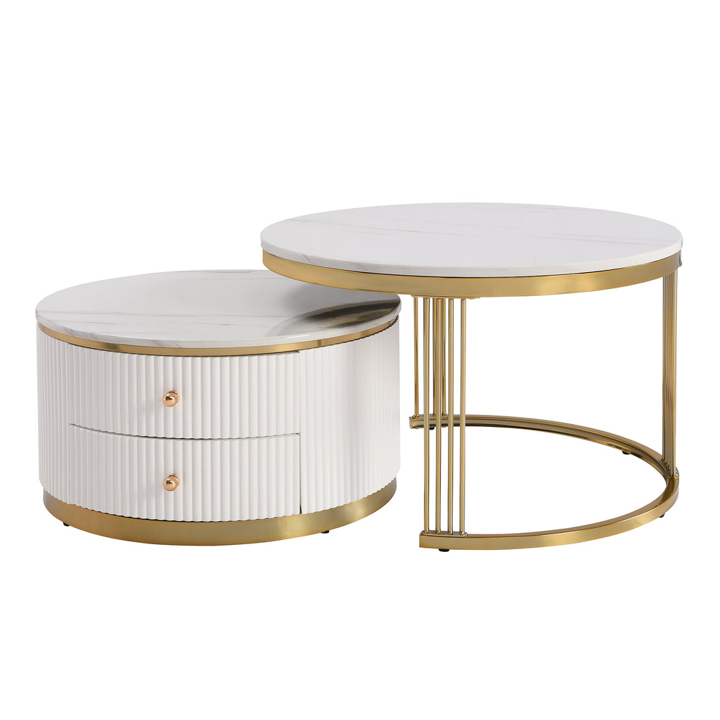 Gold and white round nesting coffee tables with drawers by Anthony & Home, featuring elegant design and functional storage.