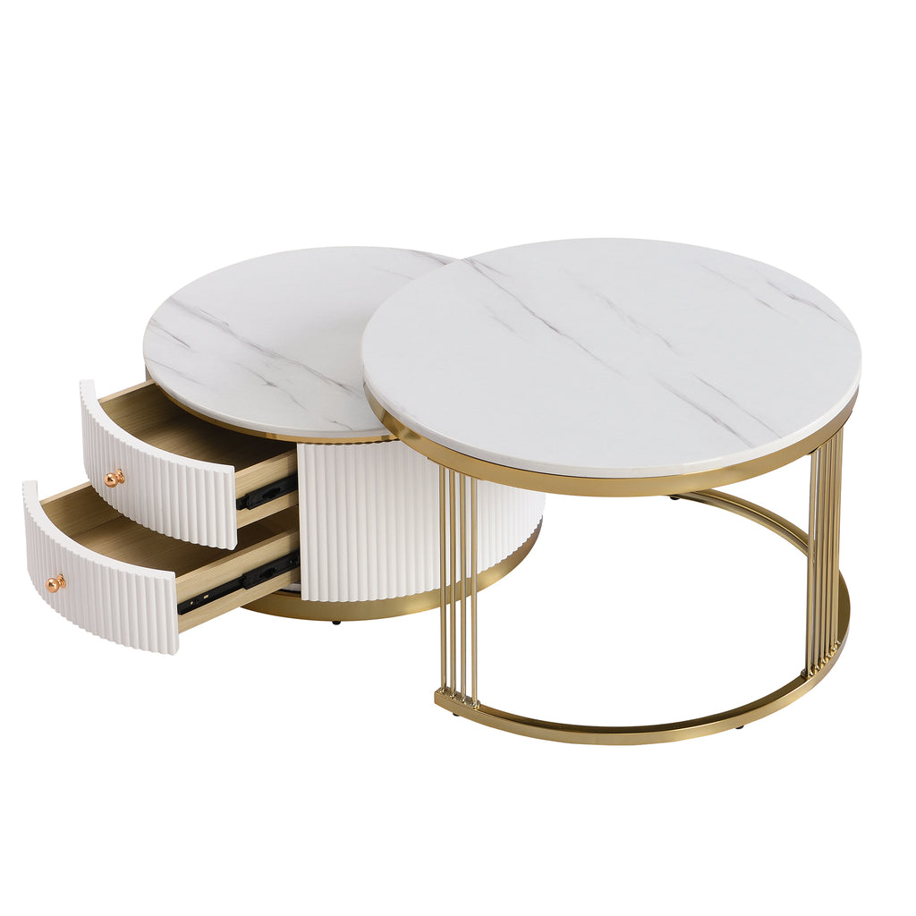 Set of two gold and white round nesting coffee tables with drawers from Anthony & Home, featuring sleek modern design.