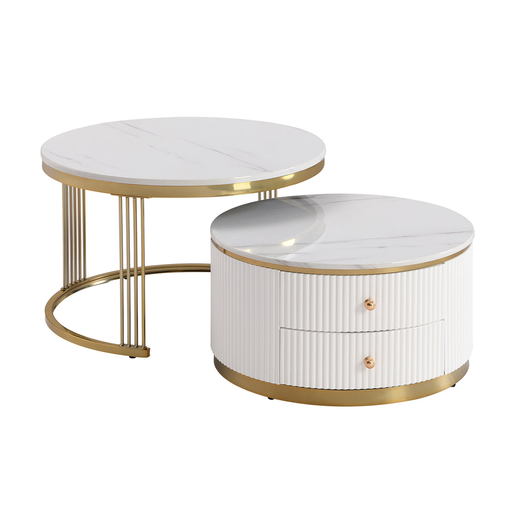 Gold and white round nesting coffee tables with drawers by Anthony & Home, featuring sleek design and functional storage.