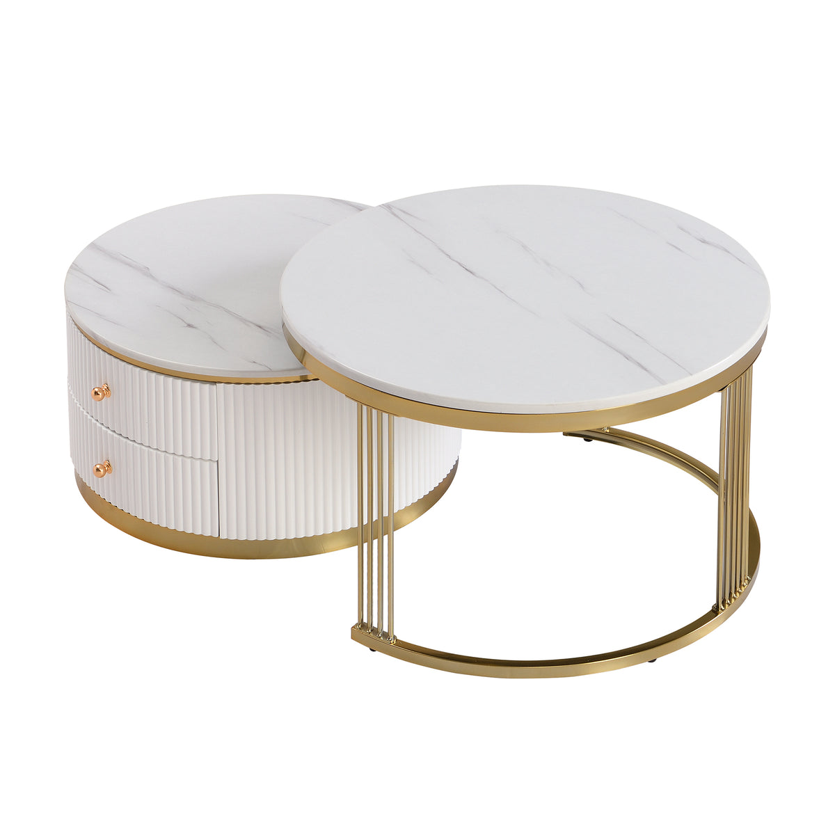 Anthony & Home gold and white round nesting coffee tables with drawers, showcasing sleek modern design and storage features.