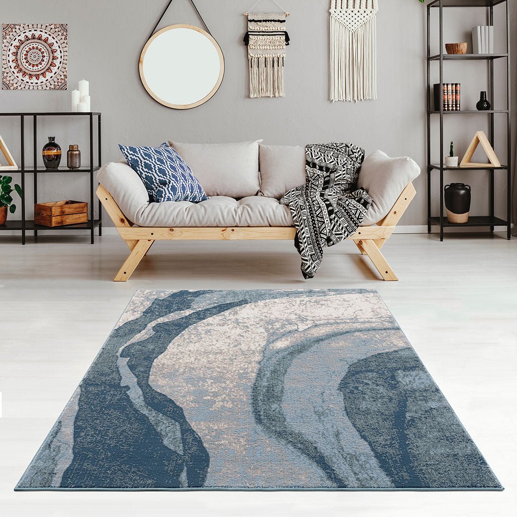 Grace Abstract Wave Area Rug by Anthony & Home featuring machine-woven polyester with cut-and-loop pile in a dynamic wave pattern.