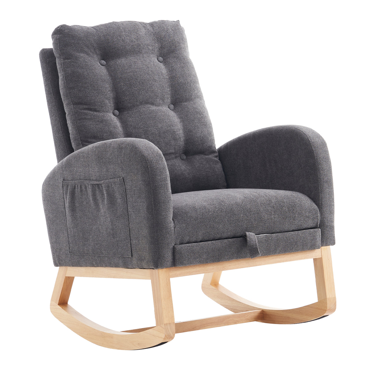 Gray Anthony & Home rocking chair with footrest and rubber wood frame, perfect for cozy studio relaxation.