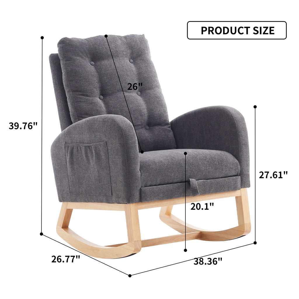 Gray rocking chair with matching footrest, rubber wood frame, designed for studio use by Anthony & Home.