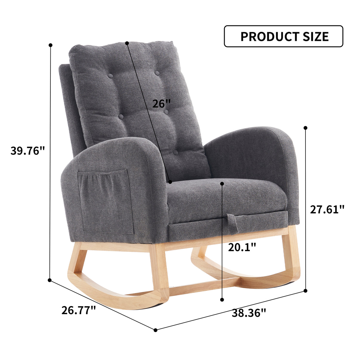 Gray rocking chair with matching footrest, rubber wood frame, designed for studio use by Anthony & Home.