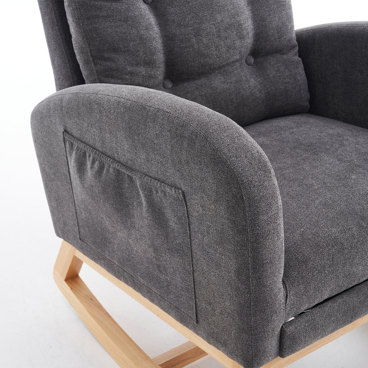 Gray Anthony & Home rocking chair with footrest, rubber wood frame, designed for studio relaxation and comfortable seating.