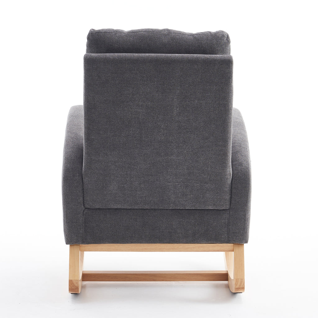 Gray rocking chair with footrest and rubber wood frame, stylish and comfortable studio furniture by Anthony & Home.