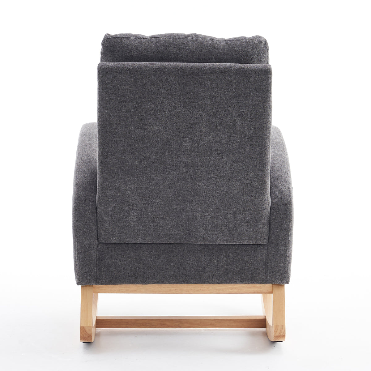 Gray rocking chair with footrest and rubber wood frame, stylish and comfortable studio furniture by Anthony & Home.