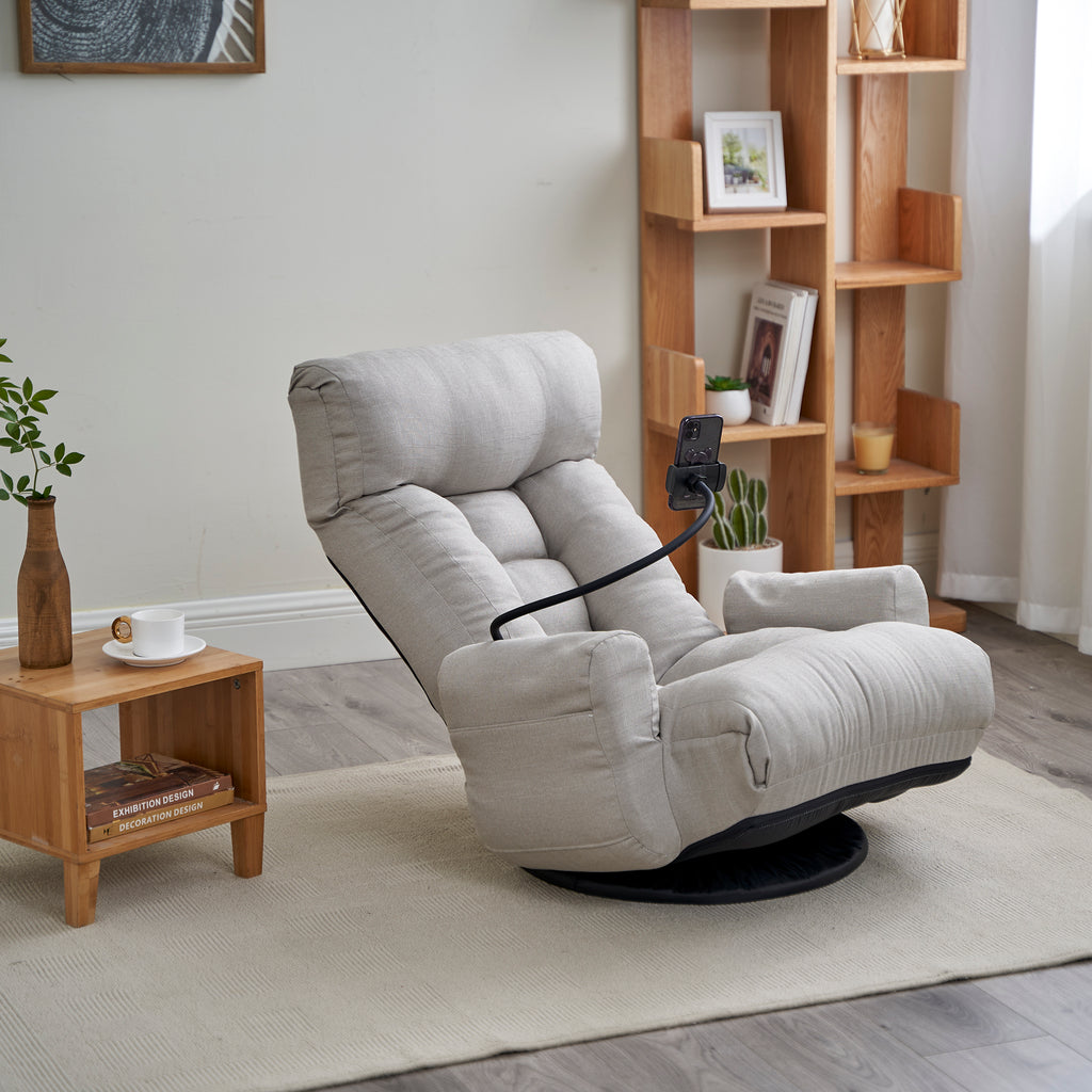 Gray Anthony & Home swivel lounge chair with 360-degree rotation, showcasing a modern, comfortable design for living spaces.