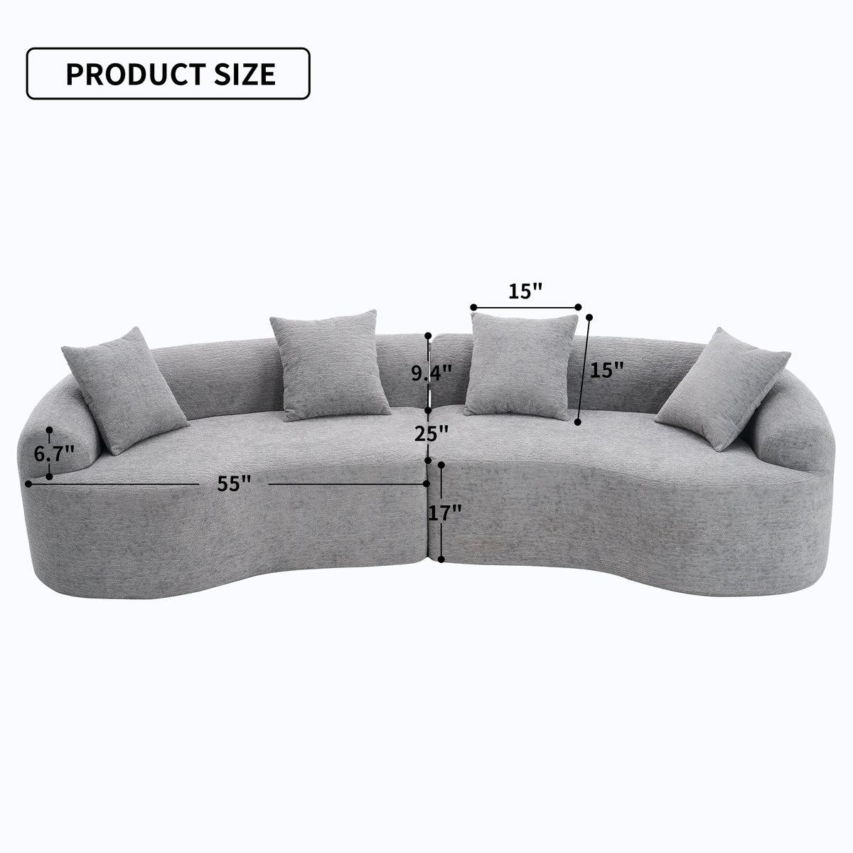 Grey curved modular sofa by Anthony & Home in plush chenille fabric, showcasing its elegant, contemporary design.