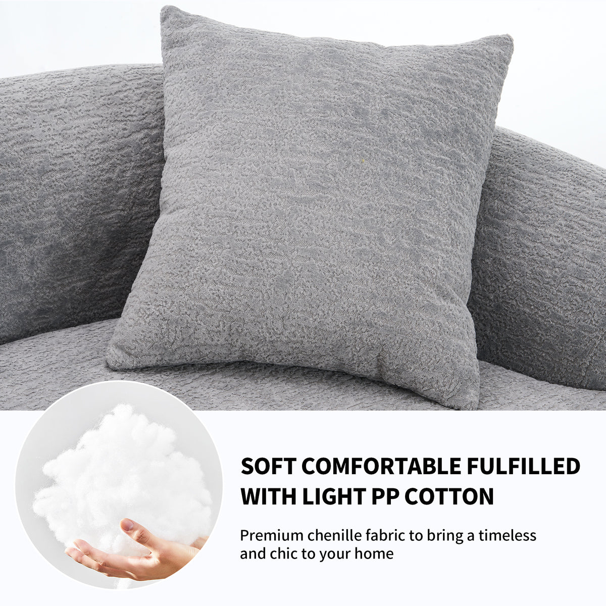 Grey curved modular sofa by Anthony & Home in plush chenille fabric, showcasing its elegant, modern design.