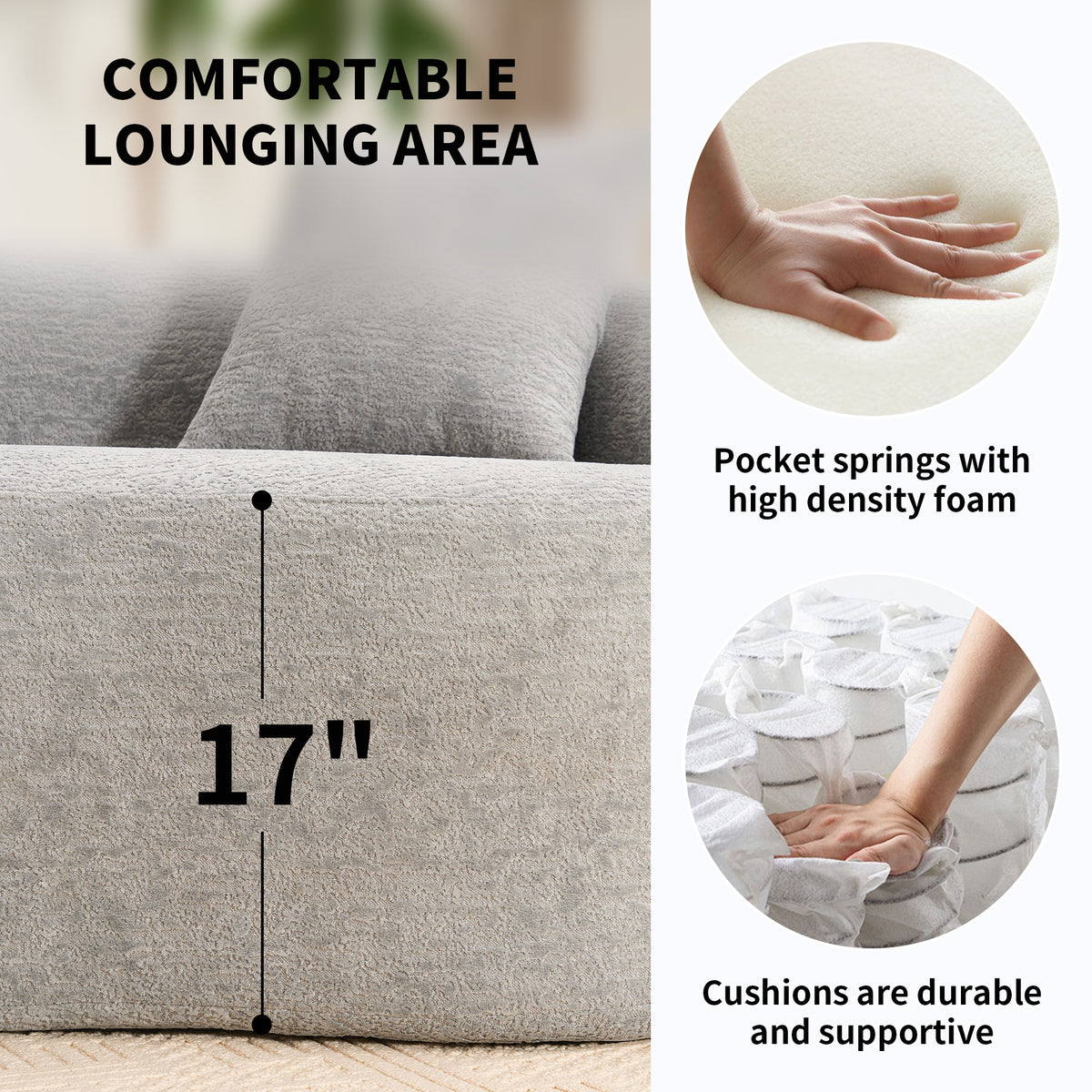 Grey curved modular sofa in chenille fabric from Anthony & Home's exclusive edition, showing plush cushions and modern design.