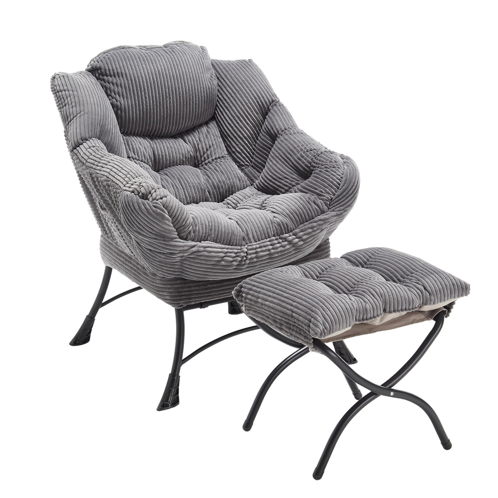 Grey upholstered lounge chair with matching ottoman featuring armrests, stylish and comfortable for living room seating.