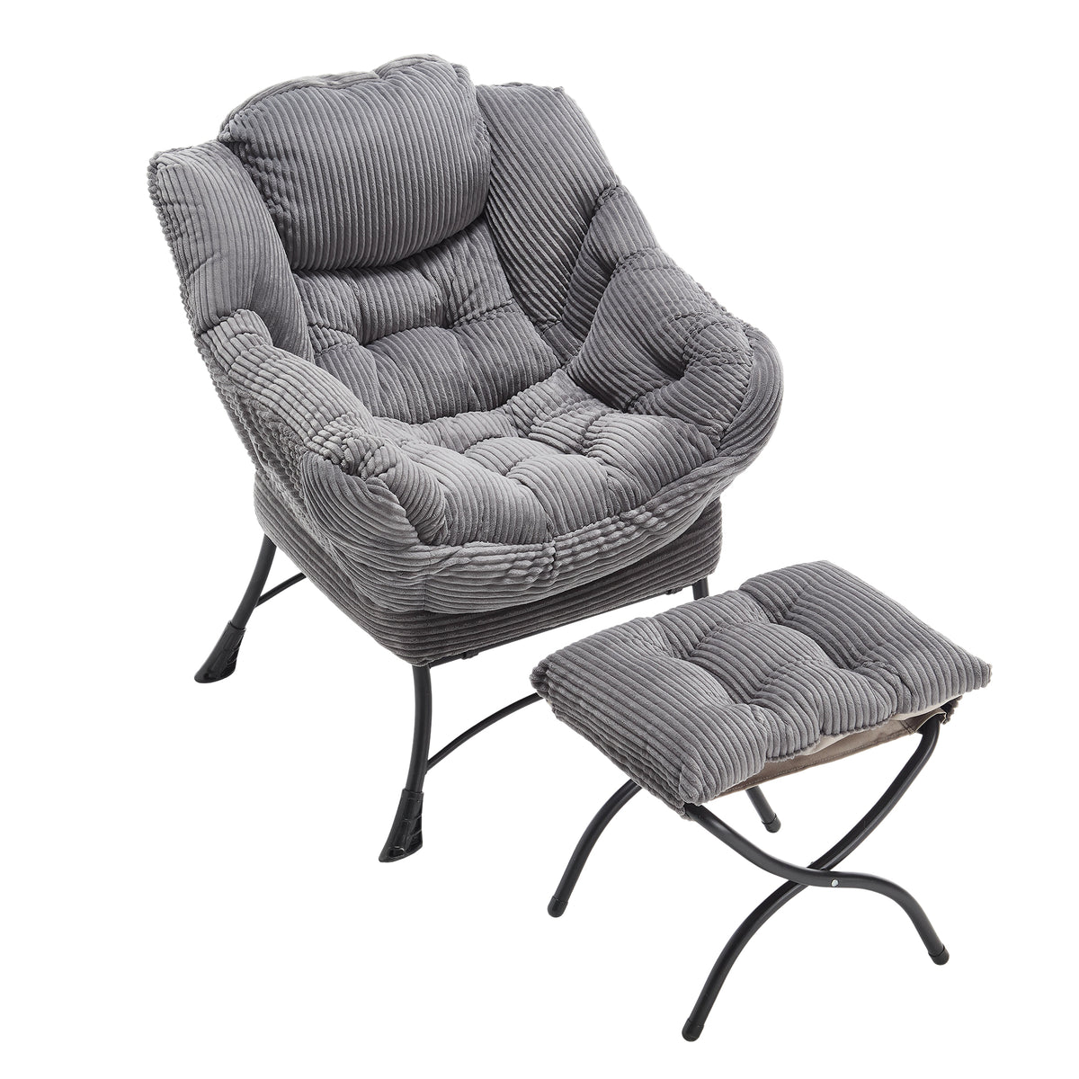 Grey upholstered lounge chair with matching ottoman and armrests from Anthony & Home, showcasing comfortable modern seating.