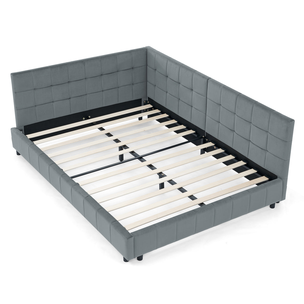 Grey velvet tufted full-size bed frame by Anthony & Home with a plush, upholstered headboard and modern design.