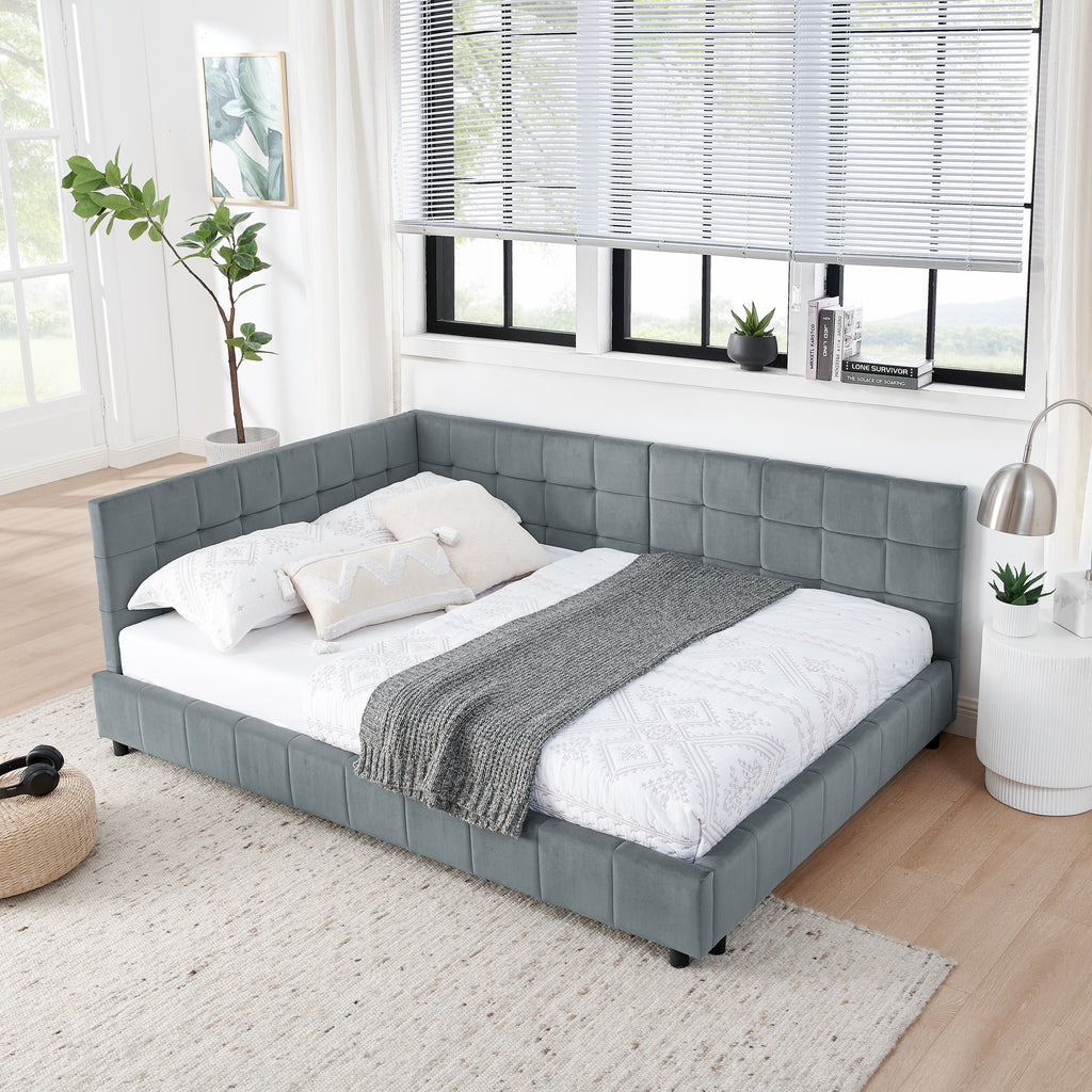 Grey velvet tufted full-size bed frame by Anthony & Home with button-tufted headboard and sleek modern design.