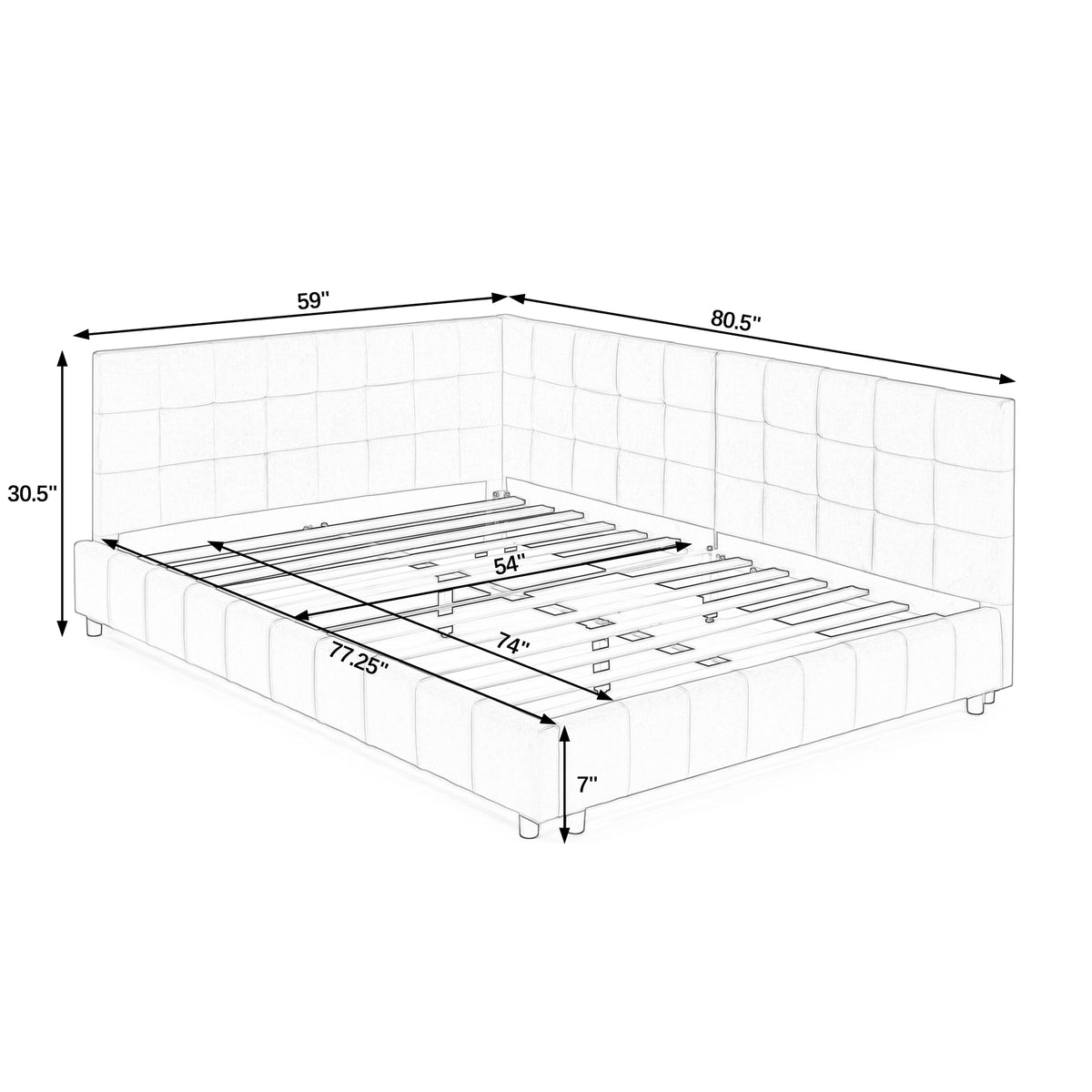 Grey velvet tufted full-size bed frame by Anthony & Home with a padded headboard and modern design.