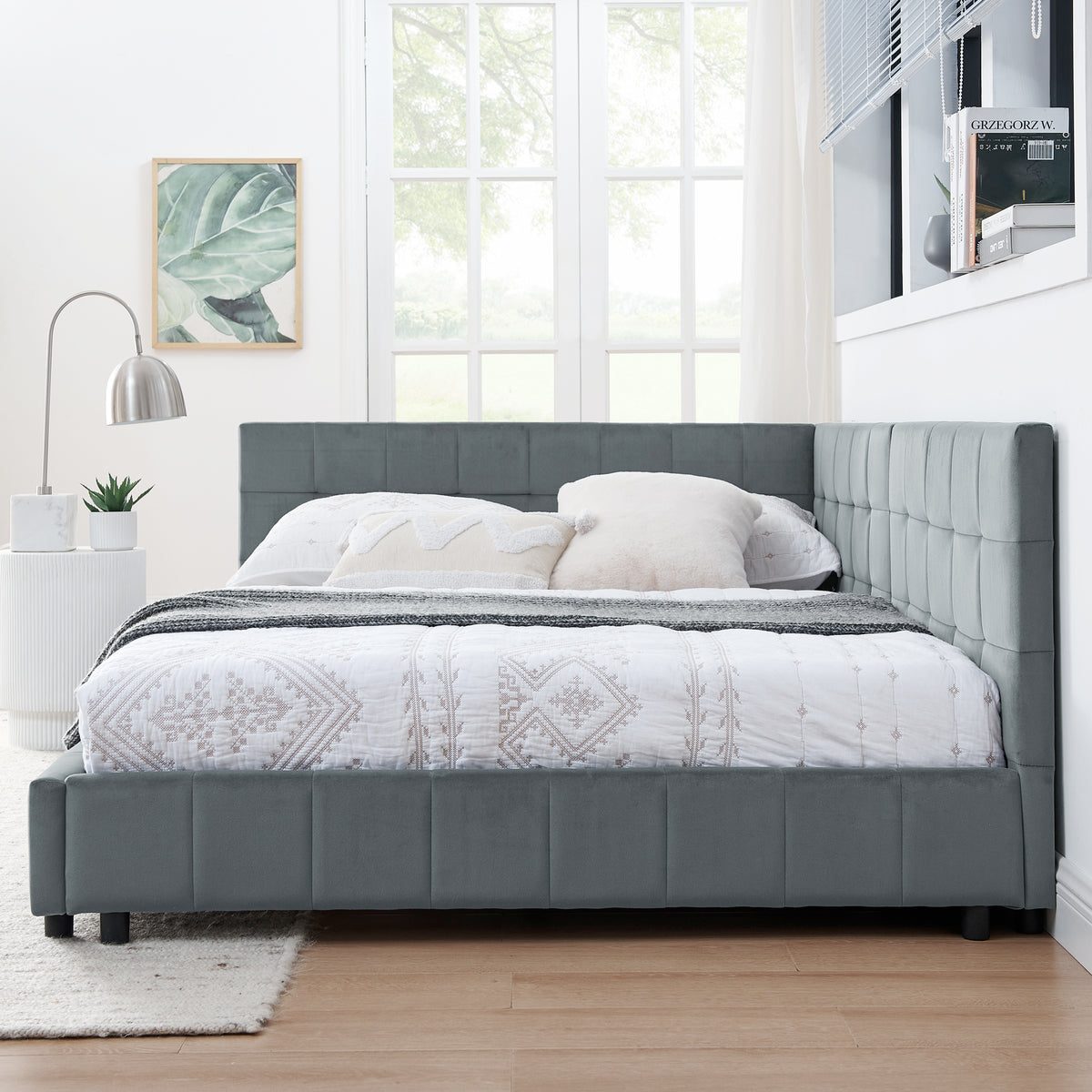 Grey velvet tufted full-size bed frame by Anthony & Home with a padded headboard and modern design.