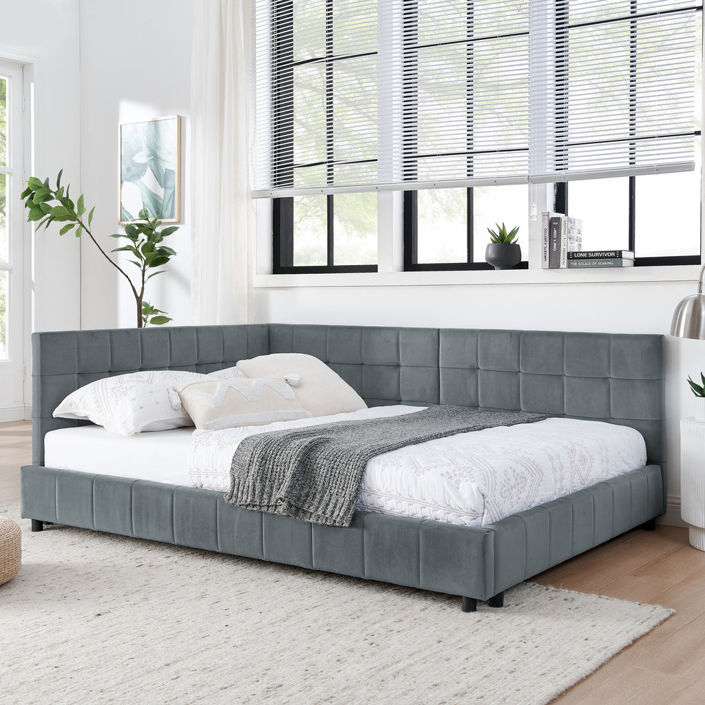 Grey velvet tufted full-size bed frame by Anthony & Home, showcasing a plush, tufted headboard and sleek modern design.