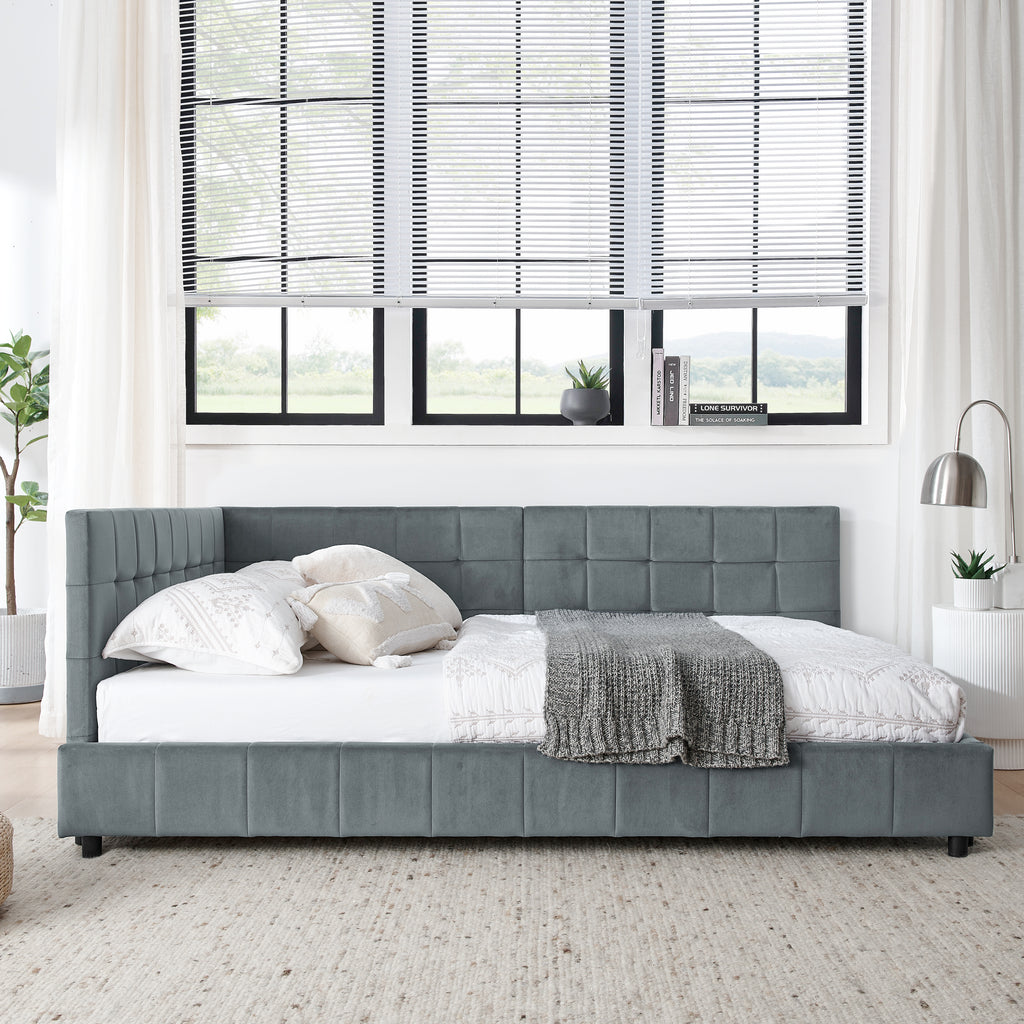 Grey velvet tufted full-size bed frame by Anthony & Home, showcasing the elegant, padded headboard and sturdy wooden frame.