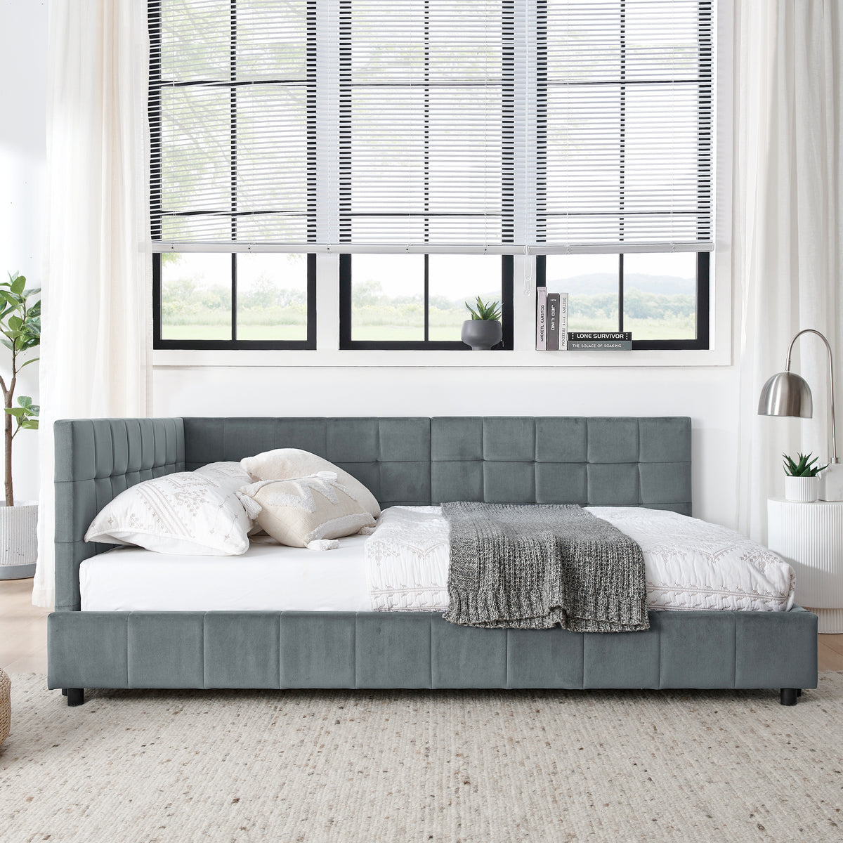 Grey velvet tufted full-size bed frame by Anthony & Home, showcasing the elegant, padded headboard and sturdy wooden frame.
