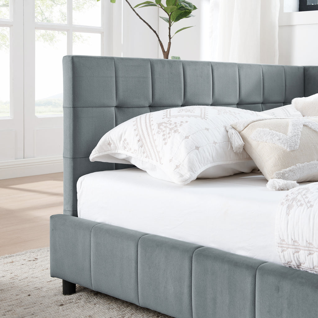 Gray velvet tufted full-size bed frame by Anthony & Home, featuring a padded headboard and sleek modern design.