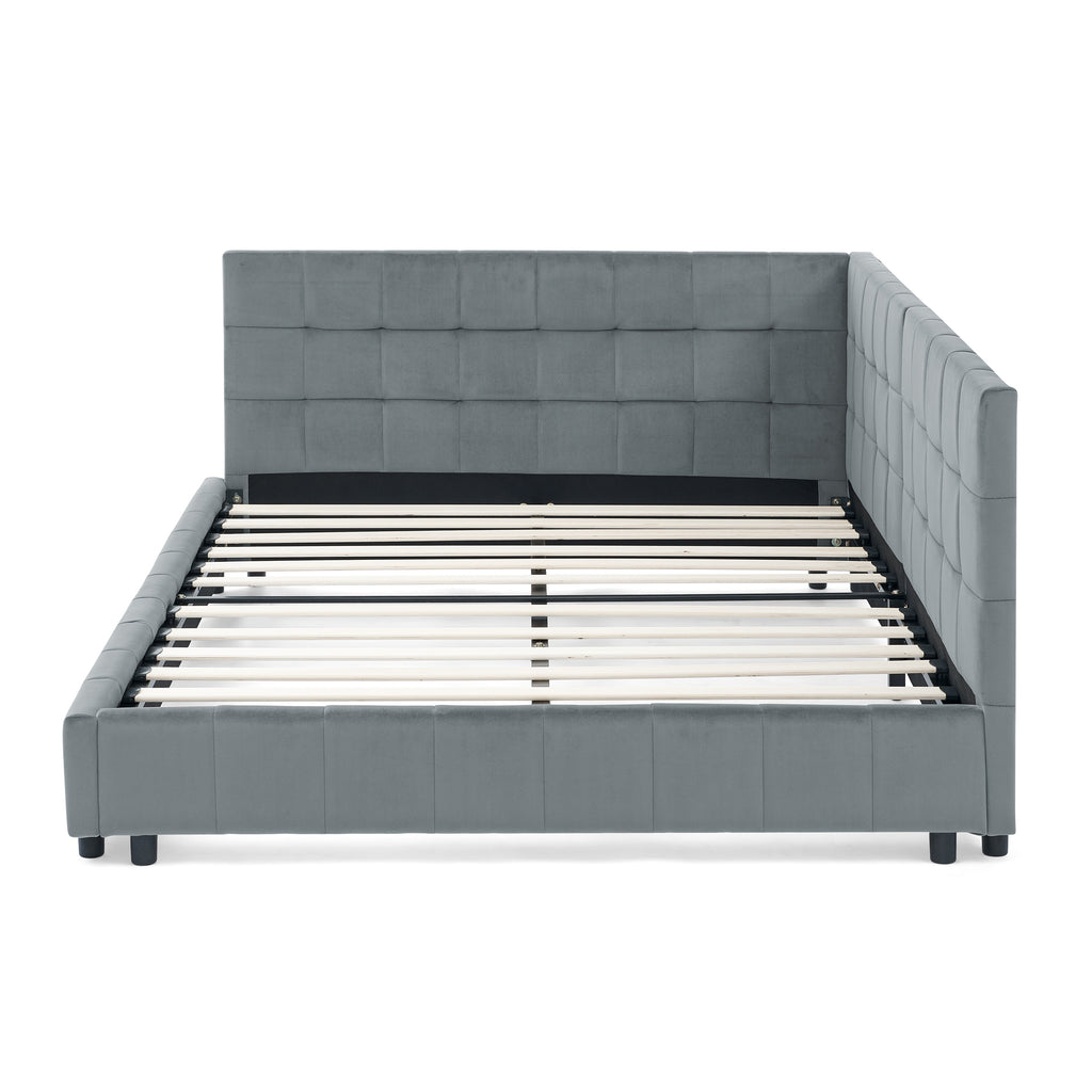 Grey velvet tufted full-size bed frame by Anthony & Home with a plush, padded headboard and elegant tufted design.
