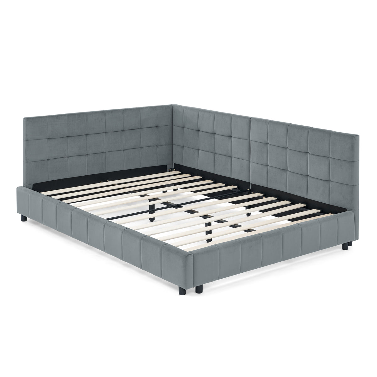 Grey velvet tufted full-size bed frame by Anthony & Home, featuring a plush headboard and elegant tufted detailing.