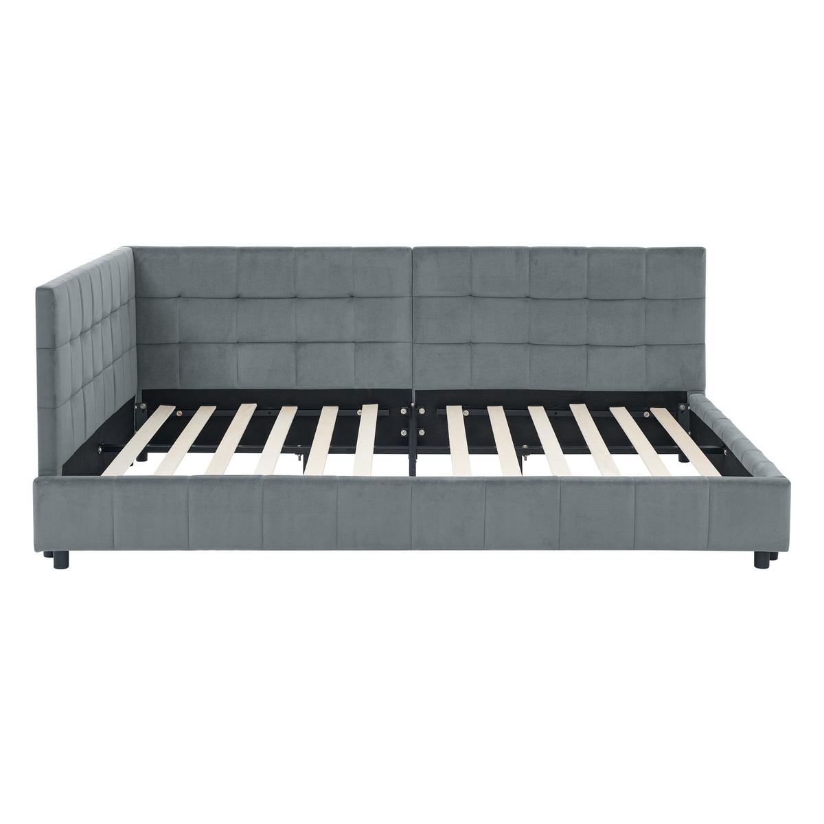 Grey velvet tufted full-size bed frame with button-tufted headboard and sleek wooden legs, designed by Anthony & Home.
