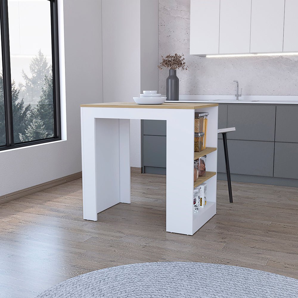 Anthony & Home Harlan Reserve kitchen island with three-sided shelf, featuring a wooden top and open storage space.