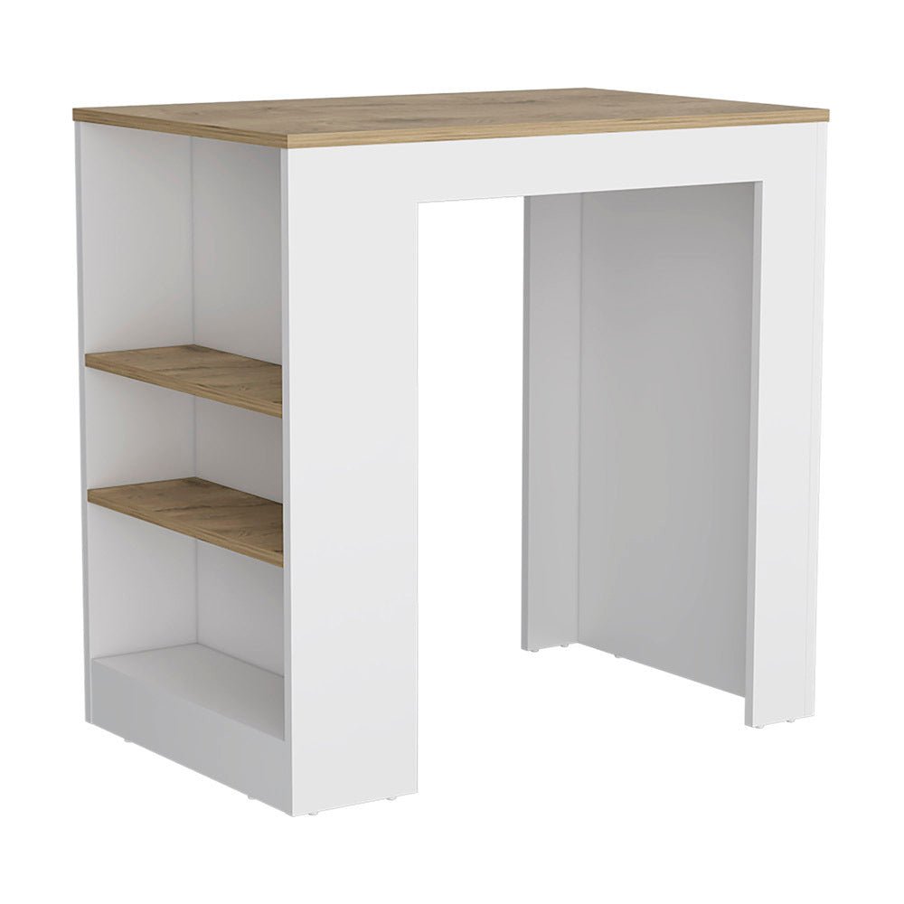Anthony & Home Harlan Reserve kitchen island with three-sided shelf, showcasing wooden surface and open shelving for kitchen storage.
